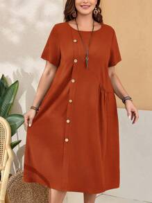 EMERY ROSE Kích thước lớn Của phụ nữ Lỏng lẻo phù hợp Có nút Tay áo ngắn Vòng cổ Túi Màu xanh lá Đầm Với Bên Cho mùa xuân - Rỉ Nâu - Xem 4