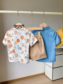 SHEIN Chemise décontractée pour garçon de style institut et T-shirt à manches courtes et imprimé animal confortable et respirant avec shorts pour la rentrée scolaire printemps-été