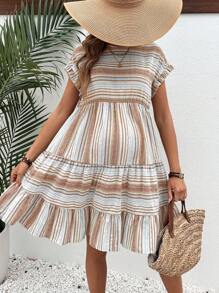 SHEIN Maternity Striped Round Neck Batwing Short Sleeve Dress With Ruffled Hem - Multicolor - View 3