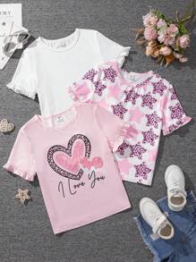SHEIN 3 cái/bộ Thành thị Giải trí Vòng cổ Áo thun Với Niềm vui In chữ cái và hình trái tim Và Chi tiết Frill Đối với Bé gái tuổi teen - Nhiều màu - Xem 1