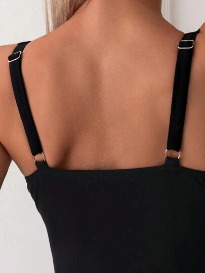 Swim Basics Summer Beach Solid Color Shell Edge Design Slim Fit One Piece Swimsuit Black Bathing Suit