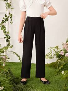SHEIN Tween Girl Elegant & Minimalist Tweed Pants With Waist Pleats And Side Invisible Zipper - Black - View 3