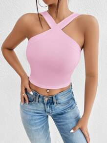 SHEIN BAE Chất rắn Có màu sắc Thon gọn Quần skinny Áo ba lỗ - Hồng - Xem 5