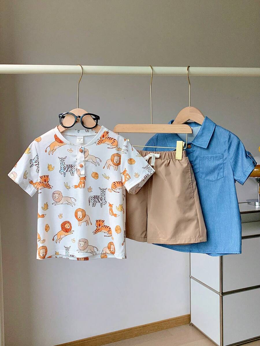 SHEIN Chemise décontractée pour garçon de style institut et T-shirt à manches courtes et imprimé animal confortable et respirant avec shorts pour la rentrée scolaire printemps-été