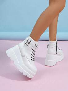 ROMWE Kawaii 女士側拉鍊厚底純色踝靴和短靴 - 白色 - 查看 7