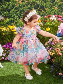 SHEIN 嬰兒女孩優雅花紋雪紡短袖方領度假裙 - 粉色 - 查看 4