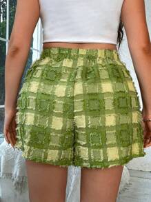 SHEIN LUNE Kích thước lớn Của phụ nữ Checkered Dệt hoa Kết cấu Chất vải Quần short - màu xanh lá - Xem 2
