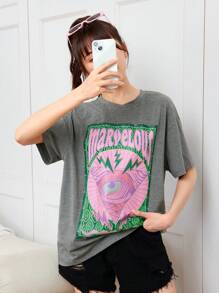 SHEIN Teen Girl Knitted Street Style Letter Print Loose Fit Long Short Sleeve T-Shirt With Round Neck