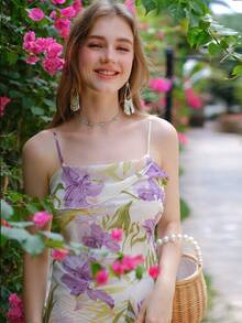 Váy hai dây hở lưng in hoa cổ xếp ly bất đối xứng viền bèo nhún - Màu tím hoa cà - Xem 2