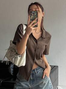 DAZY Solid Color Textured Casual Short Sleeve T-Shirt Summer - Coffee Brown - View 2