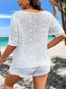 SHEIN Clasi Plus Size Plain Hollow Knit Sweater Set - White - View 2