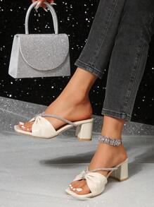 米色仙女風方頭鑲鑽厚跟涼鞋,時尚法式仿皮革高跟鞋,適合夏秋季穿著 - 米色 - 查看 3