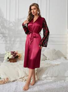 Camisón De Encaje De Manga Larga Con Labios Rojos Sexys Para Mujer - Burdeos - Ver 6