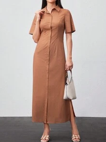 Seusyu 女士純色短袖襯衫裙 - 摩卡棕 - 查看 1