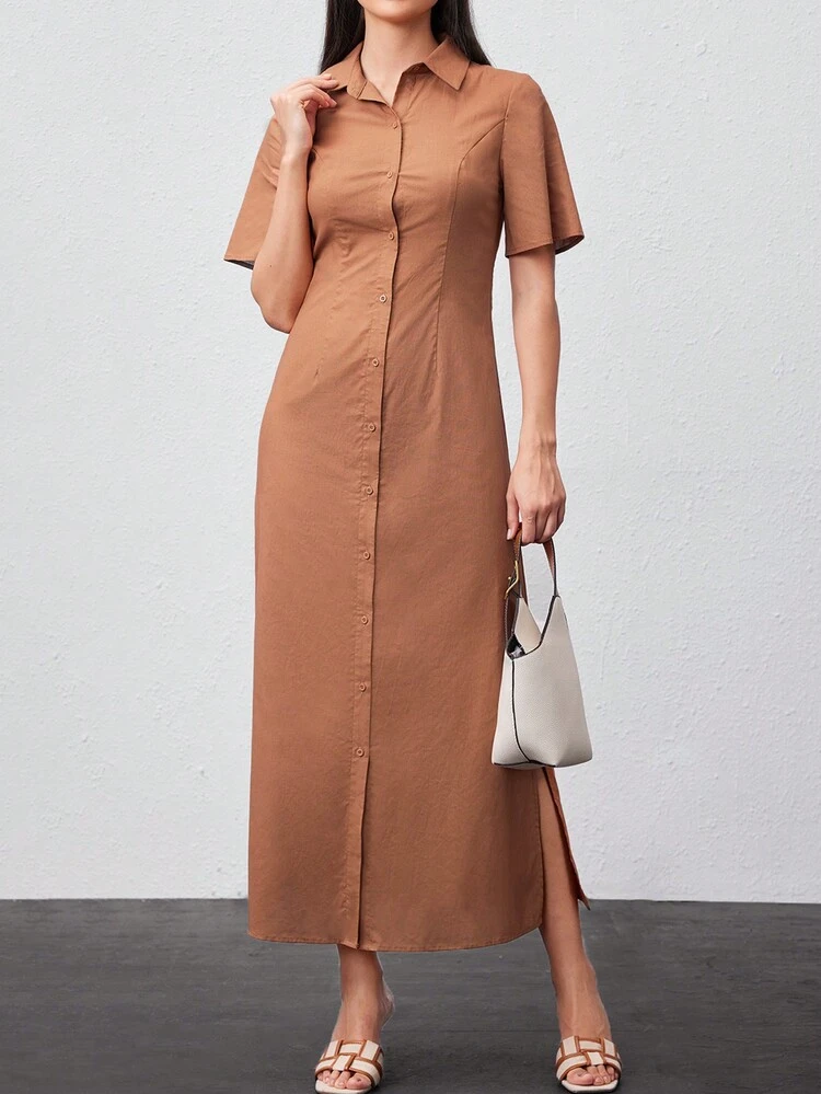 Ladies' Solid Color Short Sleeve Shirt Dress