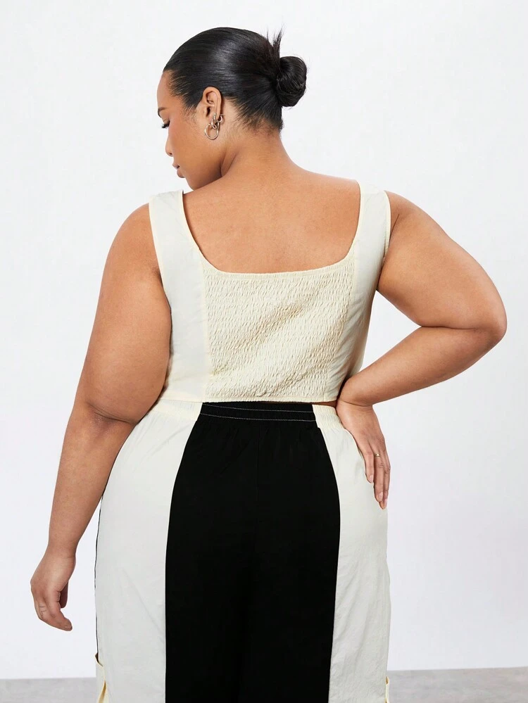 Plus Size Women's Asymmetrical Collar Color Block Tank Top