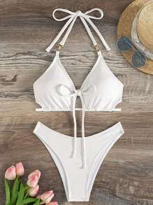 SHEIN Swim Women's Solid Color Bikini Set, Bikini Set Swimwear Bathing Suit Beach Outfit Summer Vacation Summer Beach