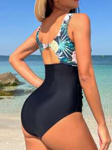 SHEIN Swim Đồ bơi liền thân in họa tiết nhiệt đới tương phản lưới mùa hè - màu đen - Xem 2