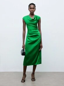 Maija Women's Draped Neck Pure Green Pleated Satin Dress - Green - View 2