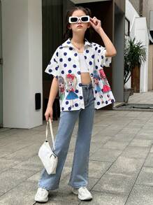 SHEIN Cô gái Tween Thể thao Phong cách đường phố Lỏng lẻo phù hợp In Ngắn tay Áo sơ mi Với Chân dung Và Hình vết tròng Polka Cho mùa xuân Và Mùa hè - Nhiều màu - Xem 5