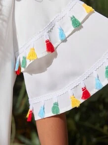 SHEIN 少女們的春夏休閒寬鬆流蘇連衣裙,配流蘇修邊 - 白色 - 查看 3