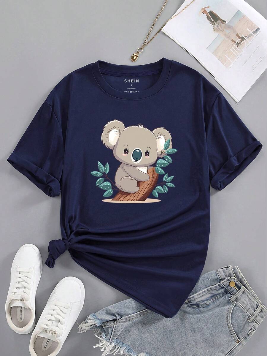 SHEIN EZwear 卡通考拉印花t恤 - 藏蓝色 - 查看 1