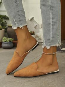 Oversized Women's Gold Pointed Toe Slip-On Flat Mules, Size 35-45, Outdoor & Casual PU Upper Soft Bottom Loafers, Stylish Slip-On Wearing Slippers Suitable For Dresses, New Arrival For Autumn