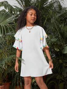 SHEIN 少女們的春夏休閒寬鬆流蘇連衣裙,配流蘇修邊 - 白色 - 查看 4