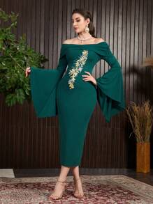 Modelyn 女士花卉刺绣露肩连衣裙长款晚礼服秋季女士布料 - 墨綠色 - 查看 6