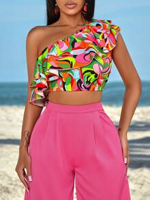 女士全印花單肩雙襯邊短上衣和純色寬腿褲套裝（隨機花紋） - 玫紅色 - 查看 5