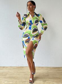 Zolique Color-Block V-Neck Slim Fit Long Sleeve Dress - Multicolor - View 3