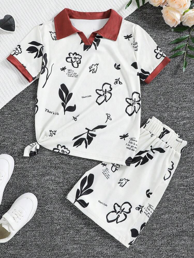 Tween Girls' Florals Plants Slogan Print 2pcs/Set