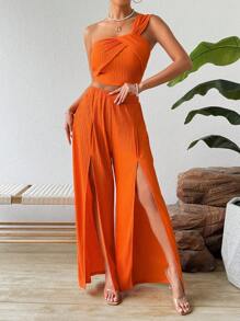 Chiquease Top Texturizado Con Un Hombro Y Pantalones Acampanados De Pierna Dividida Sólidos - Naranja Quemada - Ver 1
