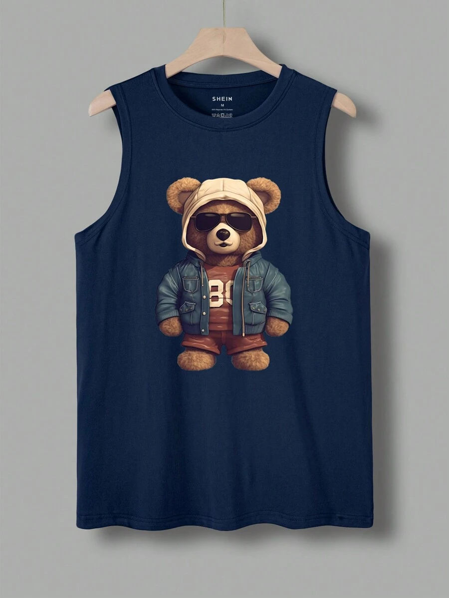 Manfinity Dauomo Camiseta De Tirantes Para Hombre Con Cuello Redondo Y Estampado De Patrón De Oso