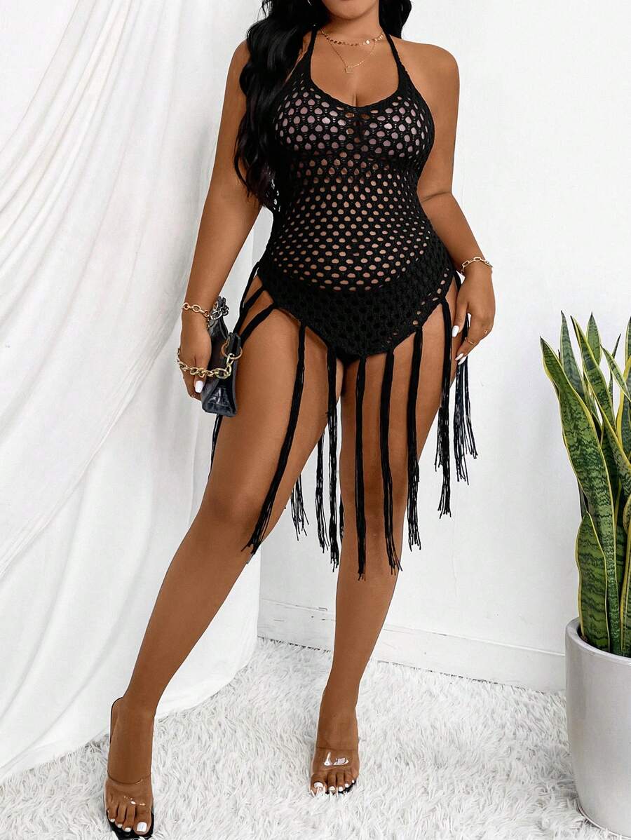 Allurite Plus Size Knitted Halter Neckline Mini Dress With Hollow Out Design, Fringed Hemline And Backless Detail - Black - View 1