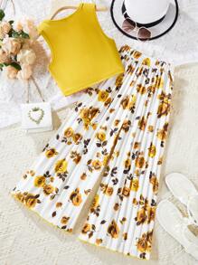 Tween Girl 2pcs/Set Solid Color Round Neck Top And Flower Printed Pants - Yellow - View 2