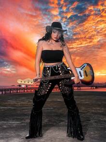 SHEIN SXY 大码性感春夏狂欢派对音乐节乡村音乐会无缝高弹力蕾丝镂空紧身裤 - 黑色 - 查看 8