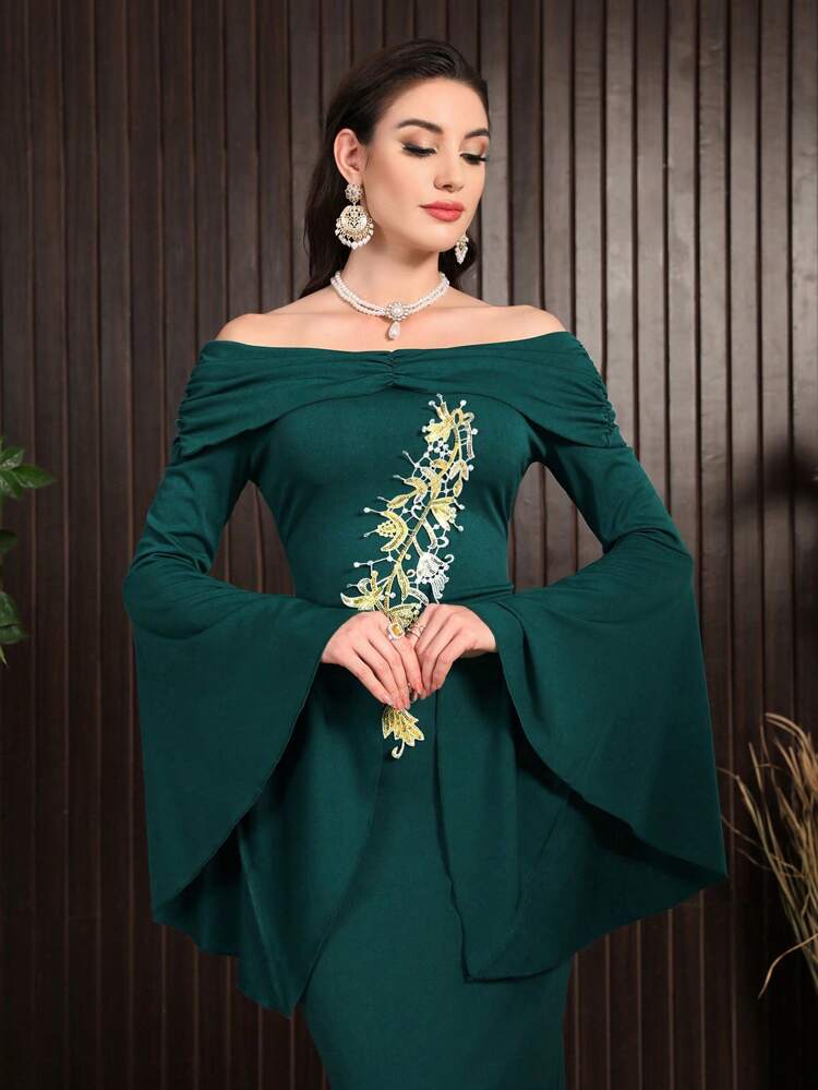 Women's Floral Embroidery Off-The-Shoulder Dress Long Evening Dresses Fall Cloth For Women