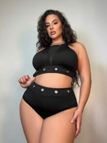 SHEIN Swim Curve Plus Size Women's Halterneck Bikini Set With Rhinestone Decoration Summer Beach - Black - View 4