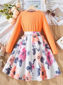 SHEIN Cô gái Hoa In Vá lại Xù Hoa Sen Tay áo dài Đầm - Màu Cam san hô - Xem 2