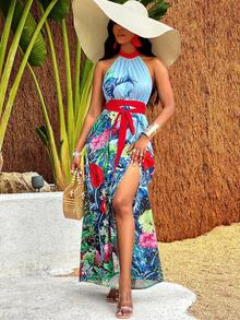 Women's Halter Neck Tie Waist Tropical Plant Print Dress With Slit - Blue - View 6