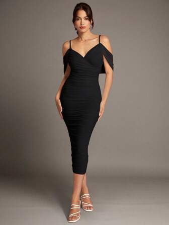 Silquee Off-Shoulder Pleated Mesh Suspender Long Dress Midi Party Dressblack Midi Dressblack Bodycon Dressblack Party Dress Women