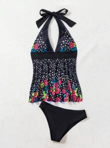 SHEIN Swim Đồ bơi Tankini hở lưng in họa tiết hoa bãi biển mùa hè - màu đen - Xem 3