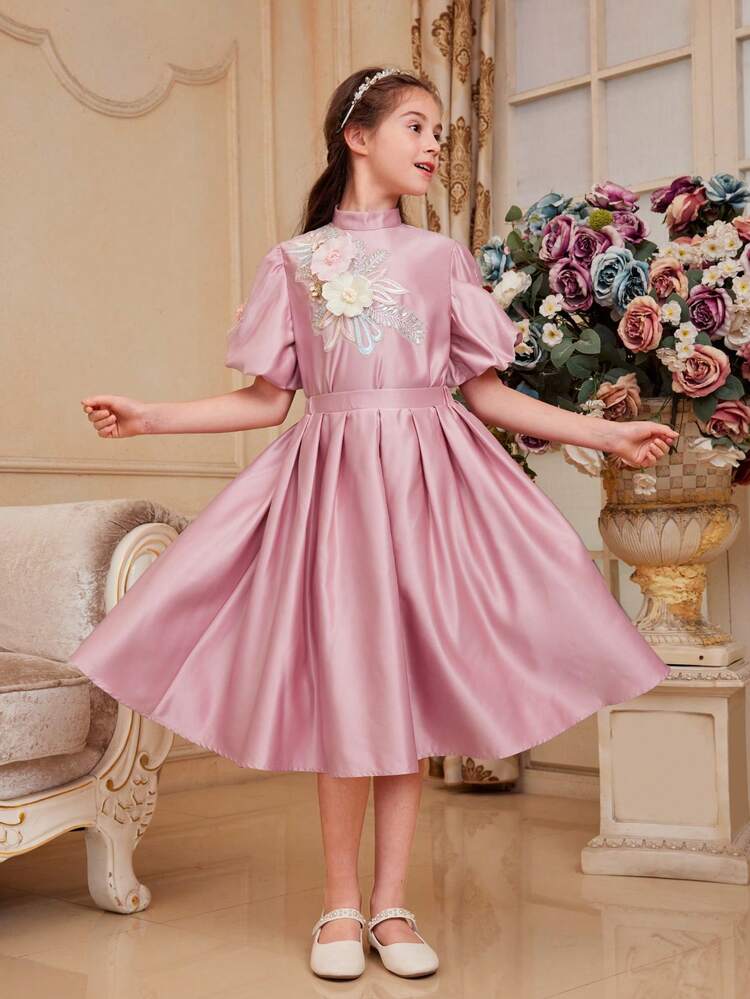 Tween Girl Fitted Lovely Elegant Flower Embroidered Stand Collar Puff Sleeve Top And Skirt