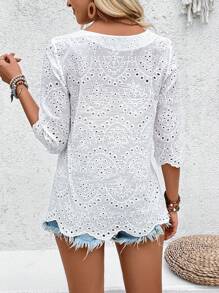 SHEIN LUNE Women's Burnout Floral Embroidery Round-Neck Shirt - White - View 2