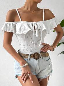 Allurite Women's Ruffle Off-Shoulder Floral Pattern Embroidery Bodysuit - White - View 5