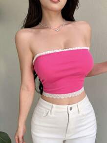 DAZY Áo ống phối ren và họa tiết hoa cho nữ, Áo đi chơi lễ hội, Áo crop top gợi cảm cho nữ, Quần áo trở lại trường - Hồng - Xem 6