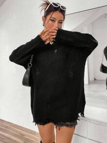SHEIN Unity Suéter desgastado con hombros caídos, Blusas de manga larga