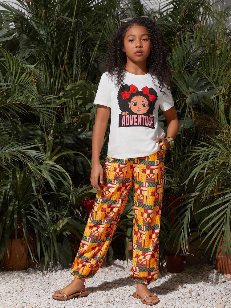 Tween Girls' Daily Casual Short Sleeve Character Printed Round Neck Top And Printed Full Length Pants Set, Spring & Summer