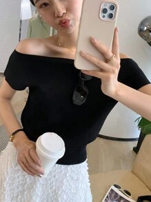 DAZY Ladies' Solid Color Off-Shoulder Short-Sleeved Knitted Top - Black - View 2